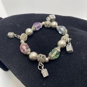 Womens Silver Tone Charm Colorful Bead Bracelet